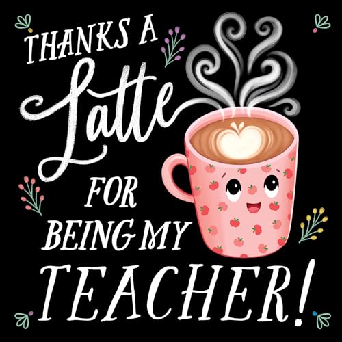 Chalkboard art of a smiling coffee cup with apple designs and text.