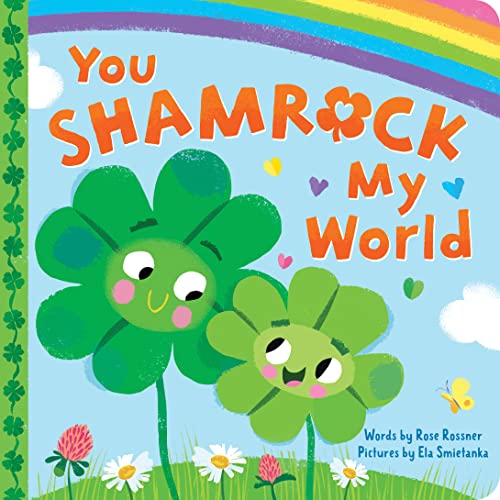 Children’s book cover with two smiling, green shamrocks and a rainbow.