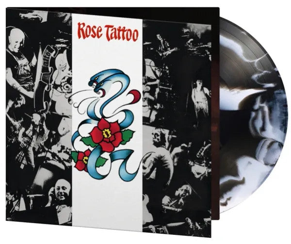Rose Tattoo album cover with a snake and rose, plus vinyl record.