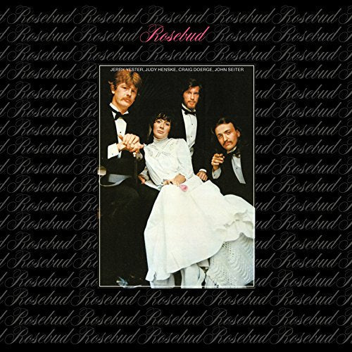 "Album cover with a bride surrounded by three men in tuxedos against a black background."