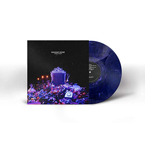 Blue and black vinyl record with ornate, colorful cover art.