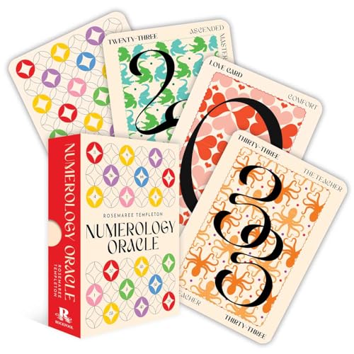 Numerology Oracle card deck and box with colorful patterned cards and numbers.