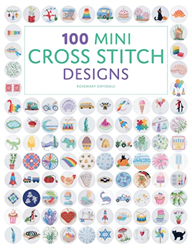 Book cover with 100 mini cross stitch designs arranged in a grid around text.