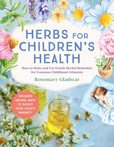 Book cover: “Herbs for Children’s Health” with flowers and a sleeping child.