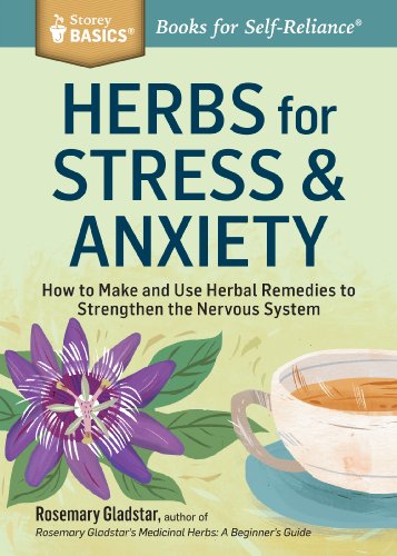 Book cover: “Herbs for Stress & Anxiety” with passionflower and tea cup.