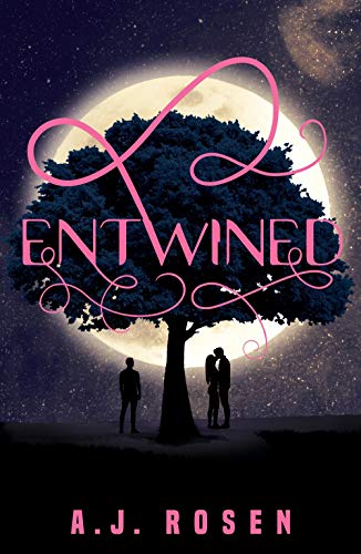 Book cover: Silhouette of a tree, couple, and moon with pink swirls.