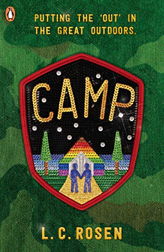 Book cover for "Camp" by L.C. Rosen, featuring a colorful camping patch design.