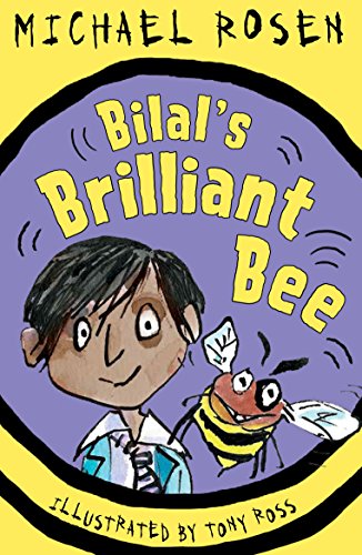 "Book cover featuring a cartoon boy and bee against a purple background."