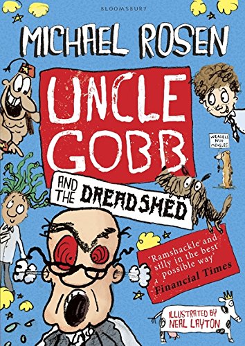 Book cover for Uncle Gobb and the Dread Shed with cartoon illustrations on blue.