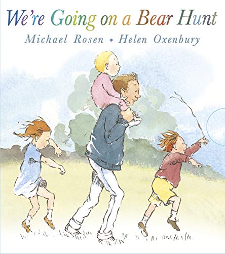 Children and father walk through tall grass, illustrated book cover.