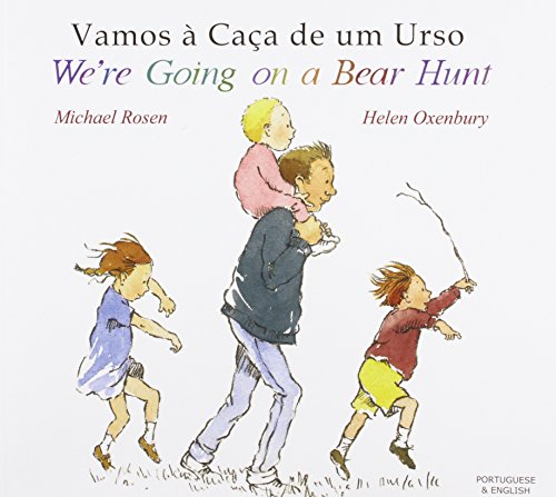 Family illustrated running through grass, book cover for "We're Going on a Bear Hunt.