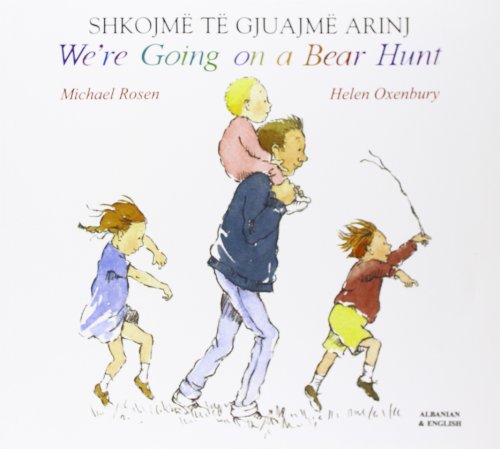 Children and father illustrated on cover of bilingual "Bear Hunt" book.
