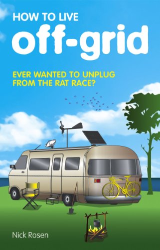 Book cover: “How to Live off-grid” with a camper, solar panel, and campfire.