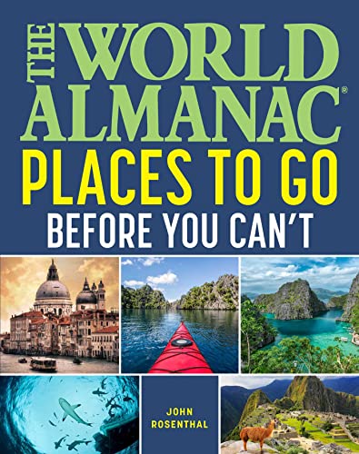 Book cover featuring travel destinations: architecture, oceans, mountains, and wildlife.