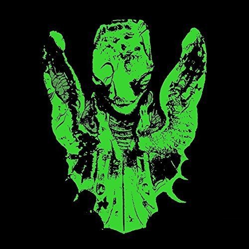 Green, distorted face with outstretched hands against a black background.