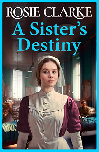 Book cover: woman in nurse’s uniform, historical setting, blue border.