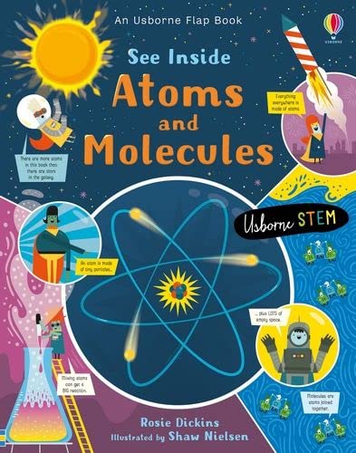 Children’s book cover illustrating atoms, molecules, and space with cartoon figures.