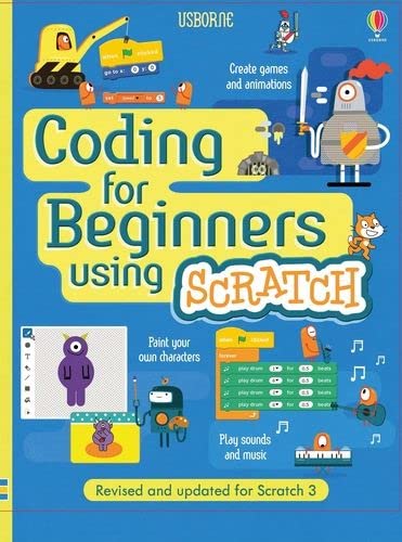 Book cover: "Coding for Beginners: Using Scratch" with robots and characters.
