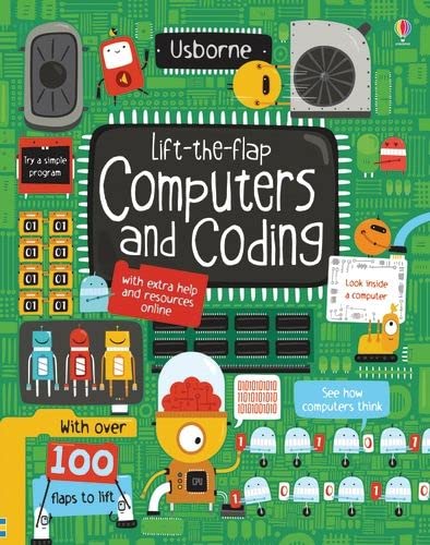 Cover of Lift-the-Flap Computers and Coding book with cartoon robots on a green background.