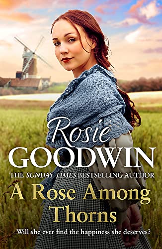 Book cover: woman in a field with windmills, title “A Rose Among Thorns”.
