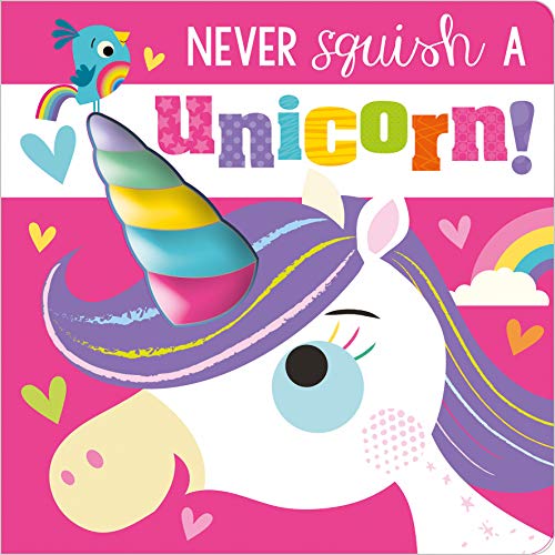 Colorful illustration of a unicorn with a rainbow horn and a bluebird.
