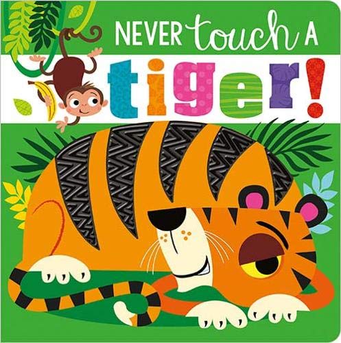 Orange tiger with black stripes, monkey peeking, bright colorful board book cover.