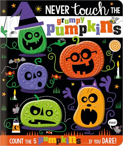 Colorful illustrated children’s book cover featuring five grumpy, whimsical pumpkins.