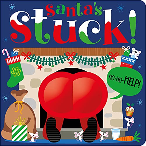 Santa Claus stuck in a fireplace with his red-clad bottom facing outward.