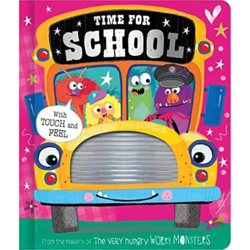 Yellow school bus filled with colorful, fuzzy monsters; touch and feel.