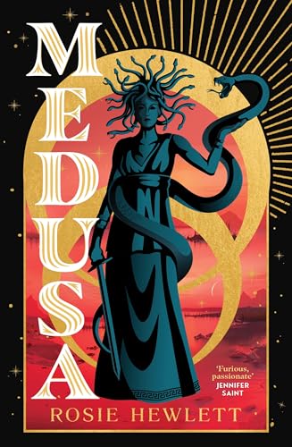 Book cover: Medusa with snakes for hair, stylized illustration.