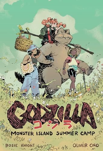 Godzilla with children walking through a field, comic book cover.