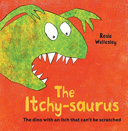 Green dinosaur head with large eyes and sharp teeth on red background.