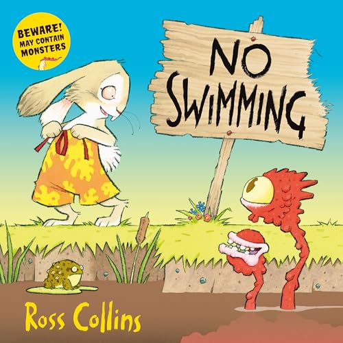 A rabbit stands near a No Swimming sign as a red monster watches.