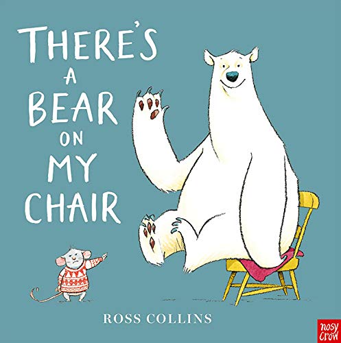 A large polar bear sits on a small yellow chair while a mouse gestures angrily.