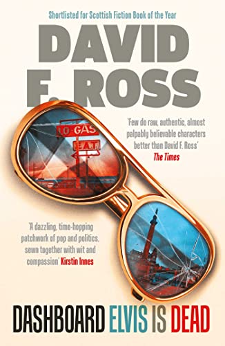 Book cover: Sunglasses reflecting a gas station and coastal tower scene.