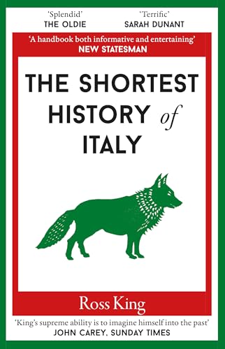 Book cover for The Shortest History of Italy by Ross King featuring a green wolf.