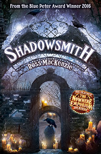 Book cover illustration featuring an ornate stone archway, ravens, and glowing candles at night.