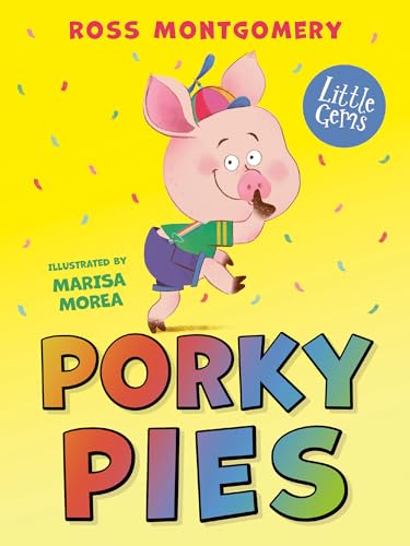 Book cover: cartoon pig with rainbow text reading "Porky Pies".
