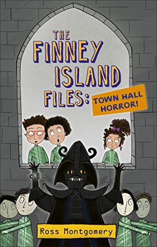 Book cover depicting children and a shadowy figure in front of a building.