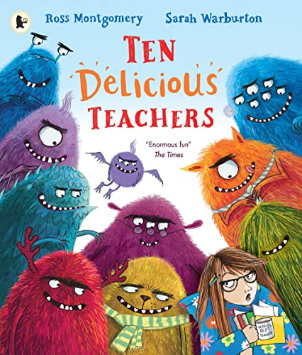 Book cover: colorful monsters surround a girl with schoolbooks.