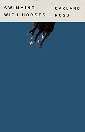 Book cover: dark horse legs descending into blue, title "Swimming with Horses".