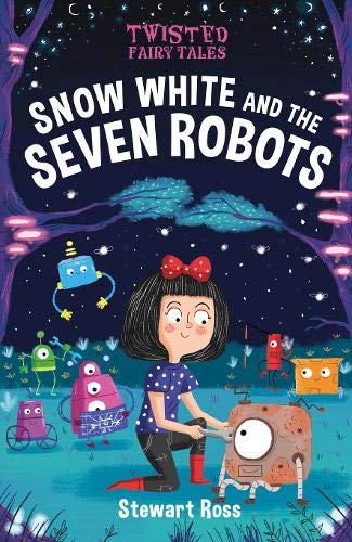 A girl with a red bow fixes a robot in a forest with six robots.