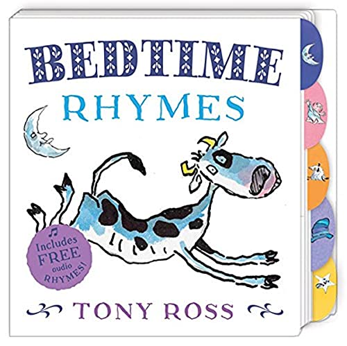 Board book cover with illustrated cow jumping over the moon, "Bedtime Rhymes".