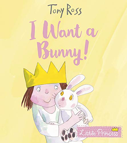 Girl with a crown hugging a white bunny on a yellow background.