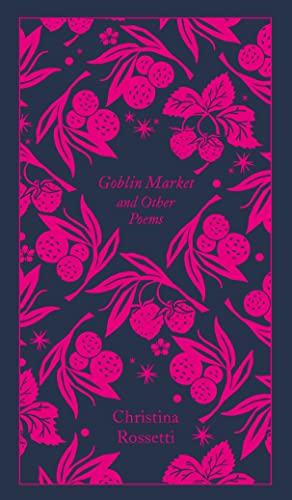 Dark blue book cover with pink fruit and floral pattern, "Goblin Market" title.