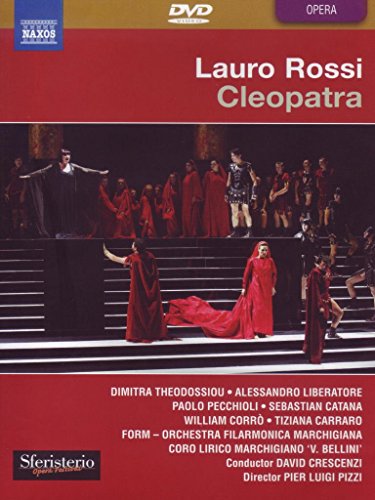 DVD cover for "Lauro Rossi: Cleopatra" with opera performers on stage in red and black.