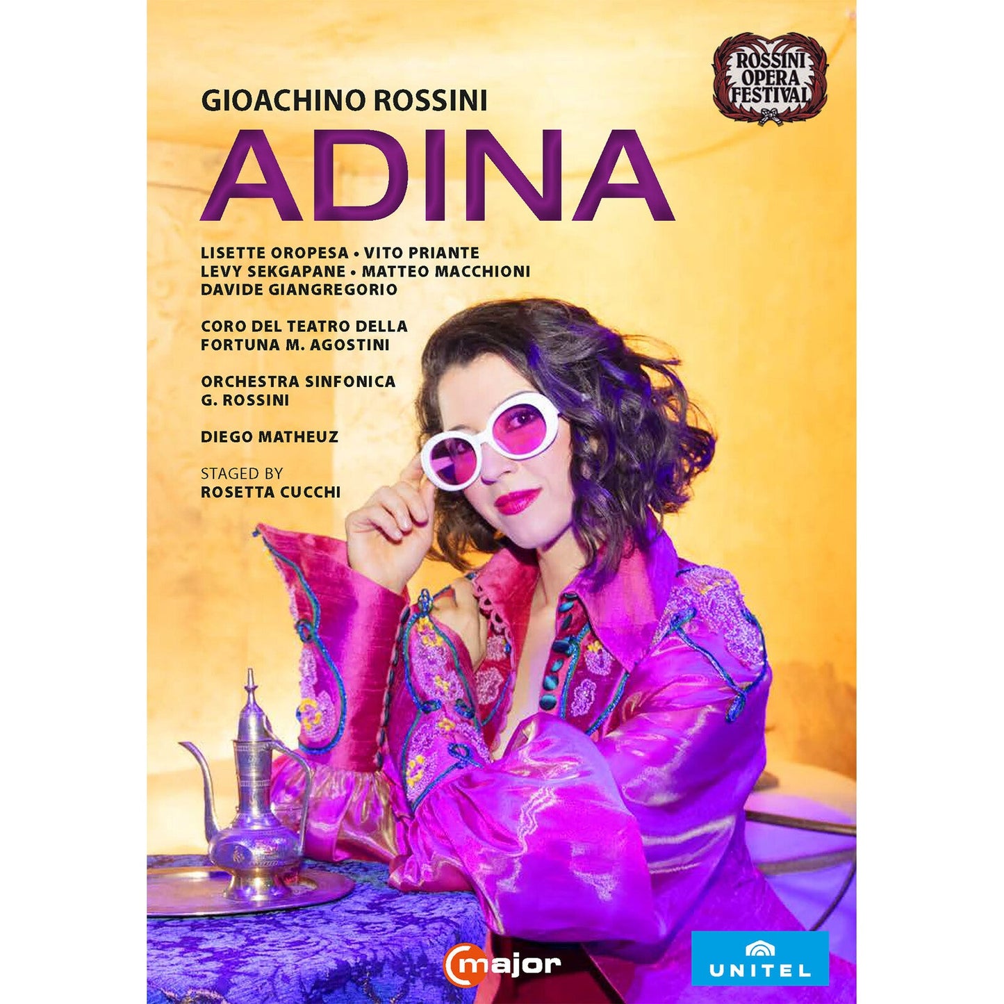DVD cover for Rossini’s “Adina” featuring a singer in costume.