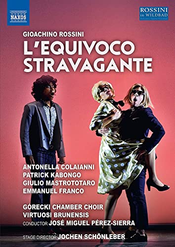 DVD cover for Rossini’s “L’equivoco Stravagante” opera, featuring three performers.