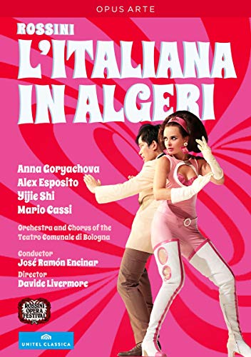 DVD cover for Rossini’s “L’italiana in Algeri” opera, featuring performers in costume.