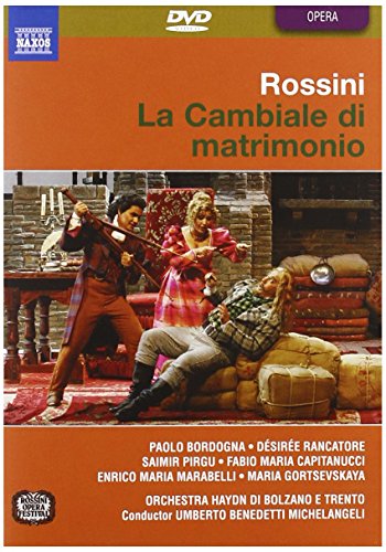 DVD cover for "Rossini La Cambiale Di Matrimonio" featuring a chaotic operatic scene with three actors.